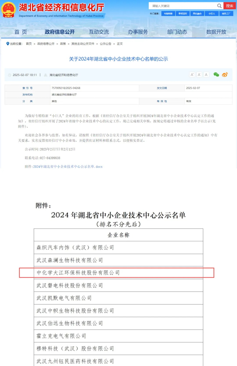 中国化学生态公司所属大江公司成功入选“2024年湖北省中小企业技术中心”名单
